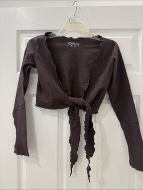 437- Scalloped Tie-Front Long Sleeve Top - Brown